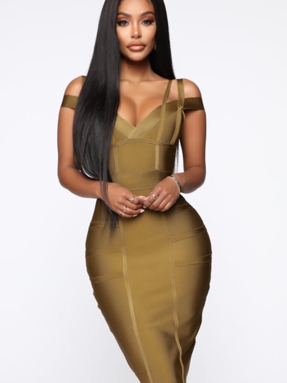 Fashion Nova Olive Green Strappy Midi Dress